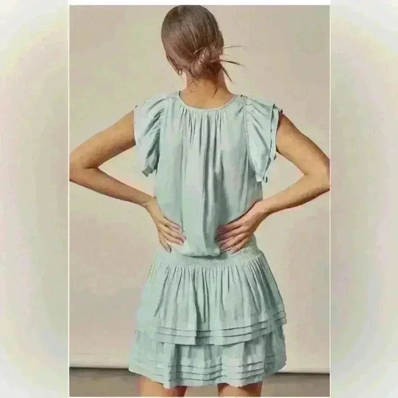 Mustard Seed Mini Dress Size M Pleated Detail Mint Green Woven Casual Boho Silky - Picture 4 of 13